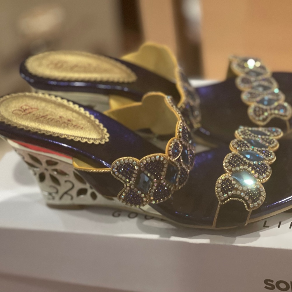 Blue and gold trimmed shoes with gold wedge heal. Size 9